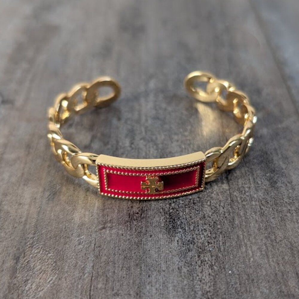 New Auth Tory Burch Milgrain Logo Red & Gold Chain Link Cuff Bangle Bracelet